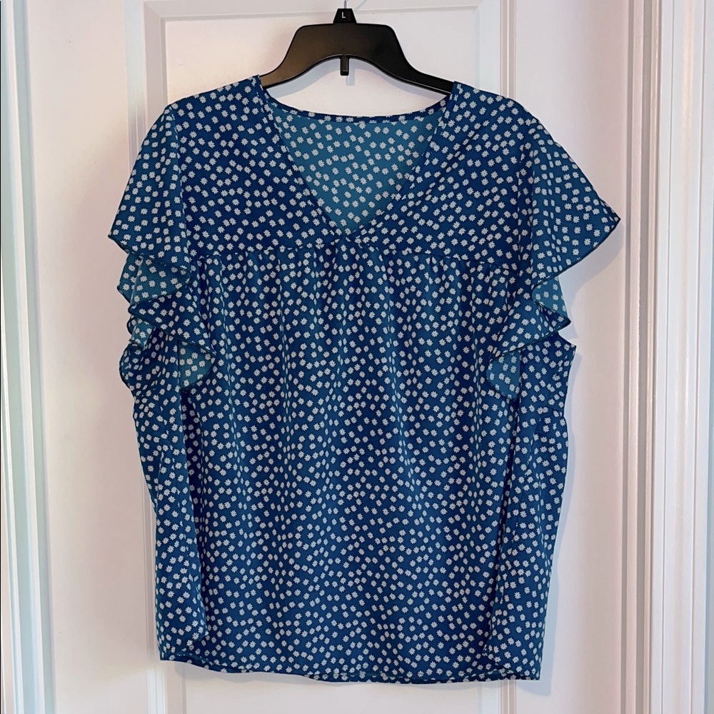 SHEIN Blue Polka Dot Ruffle Sleeve Blouse